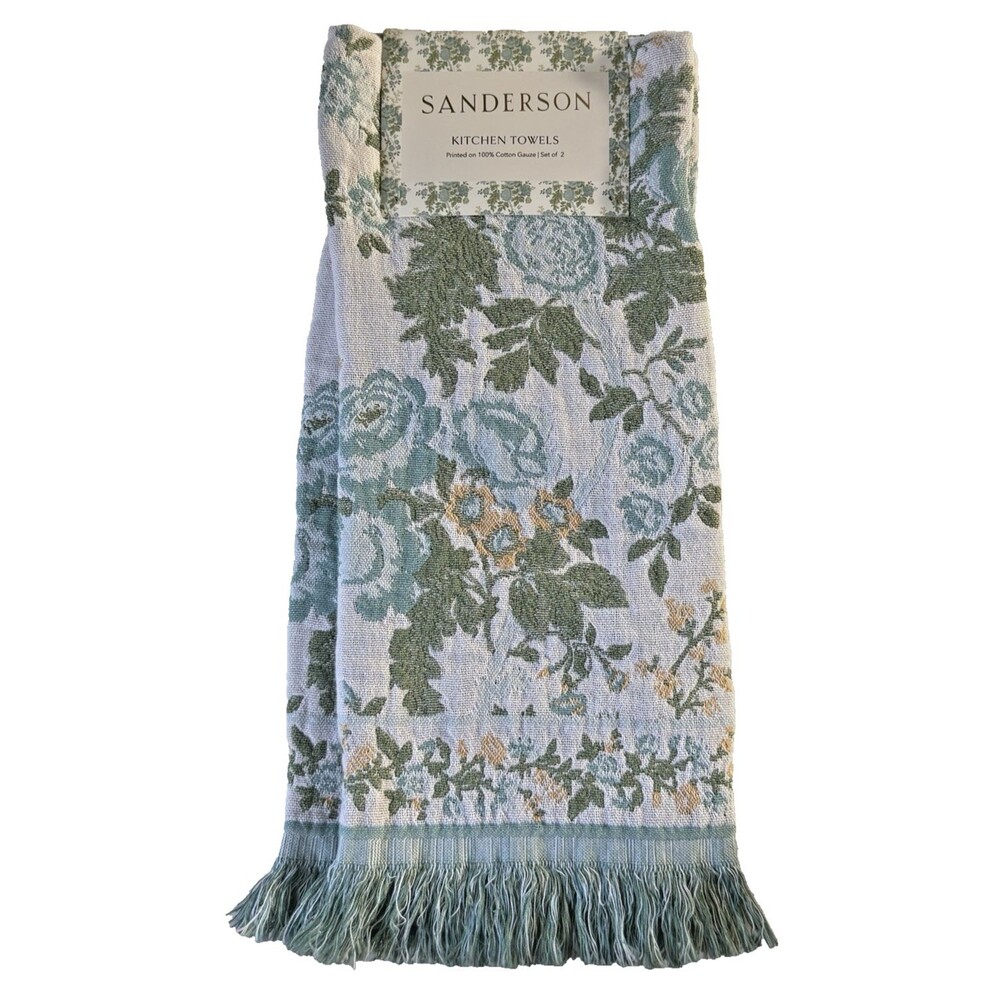 Sanderson Kitchen Dish Towels Hykenham Flowers 100% Cotton Fringe 18X28 Set of 2